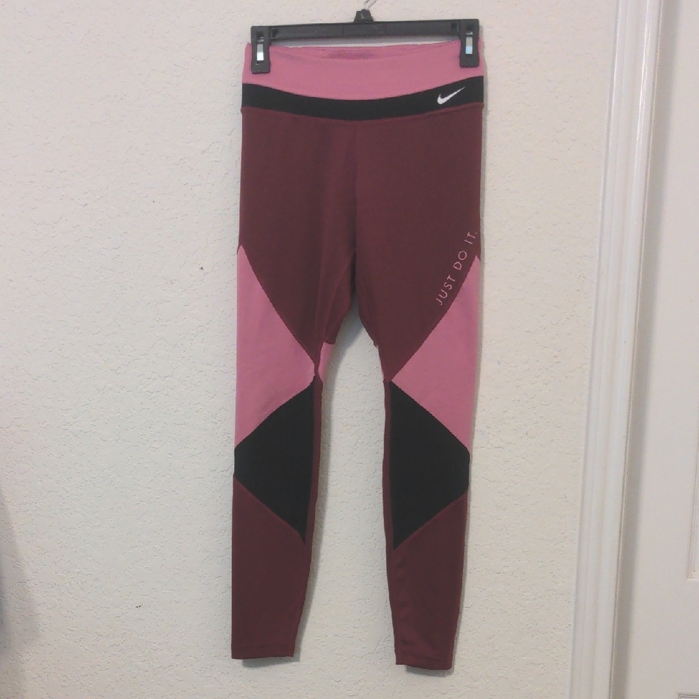 Nike Dri Fit Women's Pink, Maroon & Black Workout Exercise Leggings. Size S